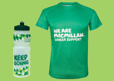 A green Macmillan tshirt next to a Macmillan water bottle.