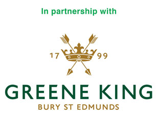 Greene King logo. A gold crown with two arrows, the year 1799, and Bury St Edmunds.