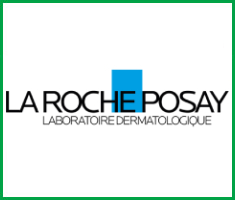 The La Roche-Posay logo in black lettering, with a medium blue rectangle situated behind the text.