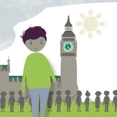 A graphic image of a man standing in front of Big Ben, with a silhouette of a crowd behind him.