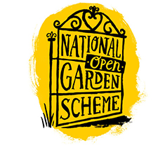 the words 'national garden scheme' in a cartoon gate with an 'open' sign hanging on it