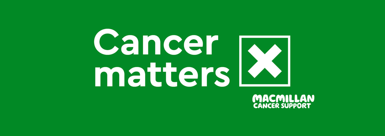 The text 'cancer matters' in white writing on a green background. There is a crossed box on the right of the text and Macmillan Cancer Support logo on the bottom right.