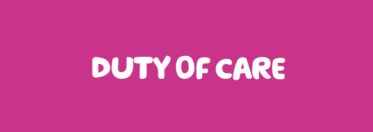 'Duty of care' in white Macmillan font on a pink background.