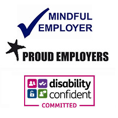 Mindful employer, Proud employers, and Disability Confident Scheme logos.