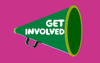 An illustration of a green megaphone with the words 'get involved' integrated in the middle.