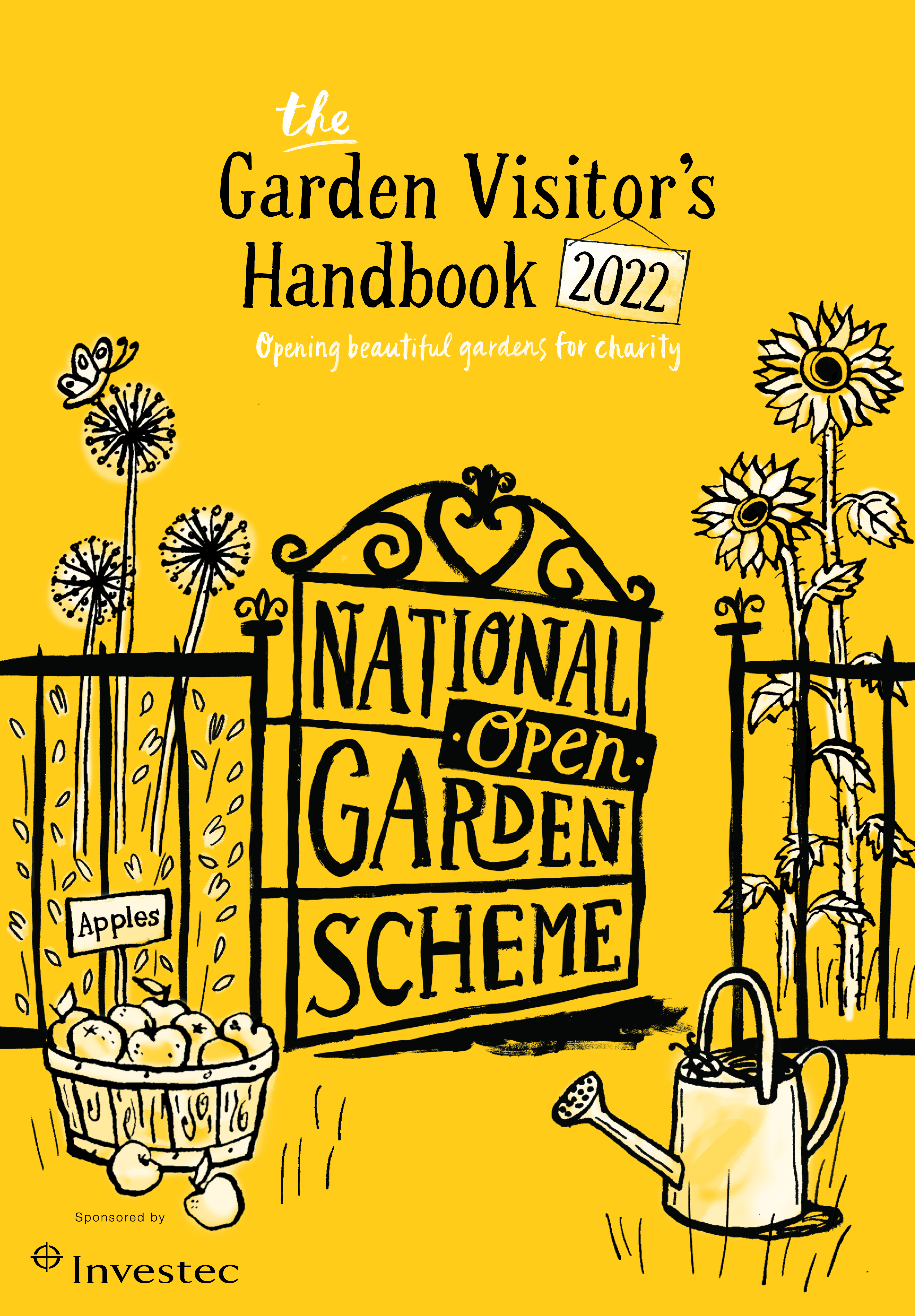 The front cover of the The National Garden Scheme's handbook. The book is yellow with an illustration of a gate opening on it.