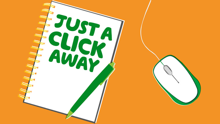 A notepad with 'Just a click away' written on it next to a computer mouse.