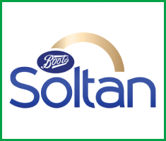 The Soltan logo in blue writing. A gold arch hovers over the brand name. The co-branded Boots logo also appears.
