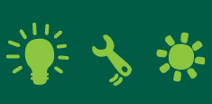 Three symbols in light green (left to right) a flashing light bulb, a spanner and a sun. Background is dark green.