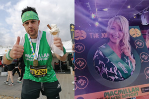 Two separate images that have been put together. On the left is a photo of Robbie. He is wearing a green Macmillan top and is holding an ice cream in his right hand. On the right is Kelly and she is smiling and holding up a Macmillan Travis Perkin cardboard cut out. 