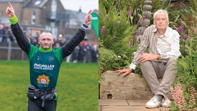 A collage which features a photo of Gary on the left and a photo of Geoff on the right. Gary is seen outside wearing running gear. Geoff is outside sat in a garden.