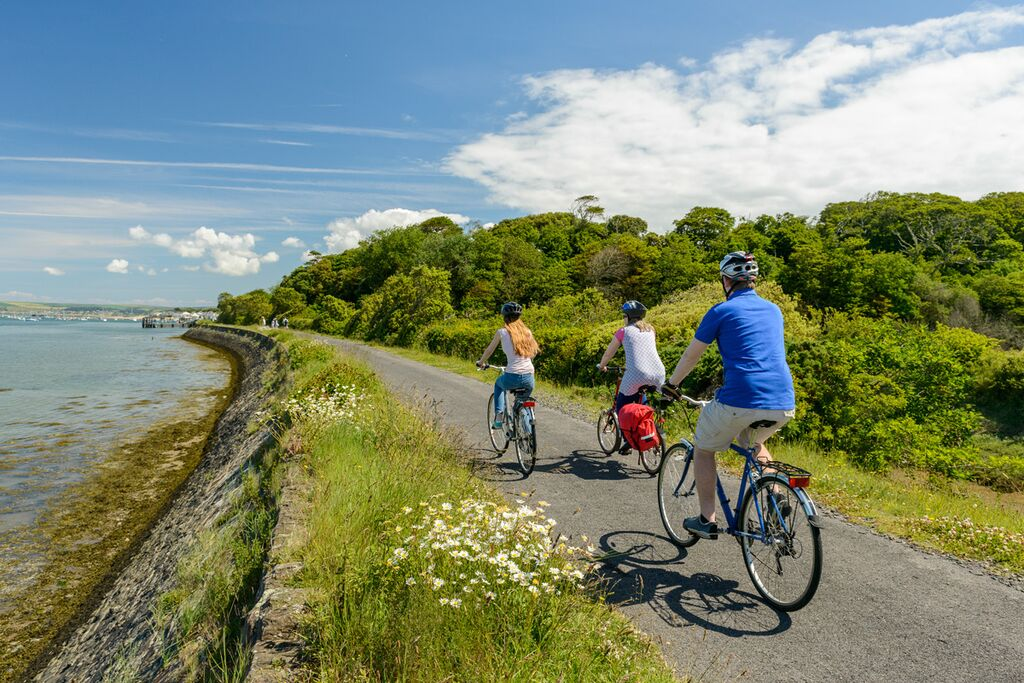 A family cycling the tarka trail by the coast