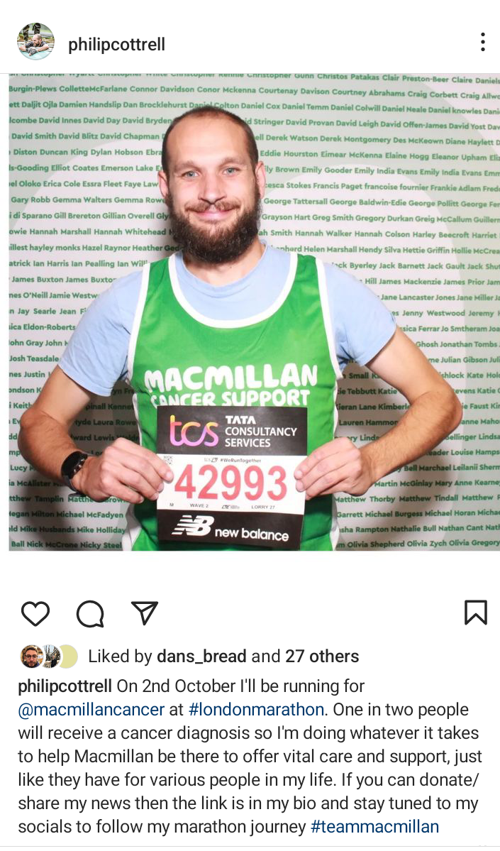Phil's social media post for London Marathon