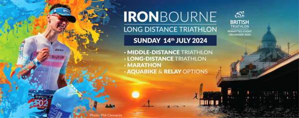 A graphic for the ironbourne triathlon. It includes information about the triathlon and event images.