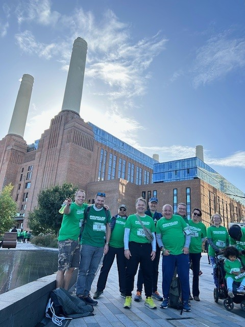 Arlo and other Macmillan walkers in front of Battersea Power Station