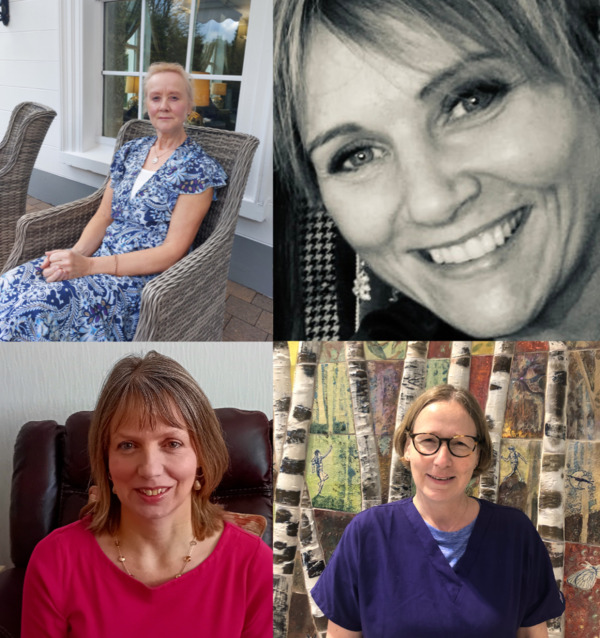 A collage that includes four photos of people from the complementary therapy team. The top left photo is Geraldine Canning. The top right is Angela O'Neill. The bottom left is Julie Rush. The bottom right is Dr Jayne McAuley.