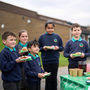 A group of school children are standing outside near a table decorated for a Coffee Morning. The children are all in a school uniform and are holding plates with food on them.