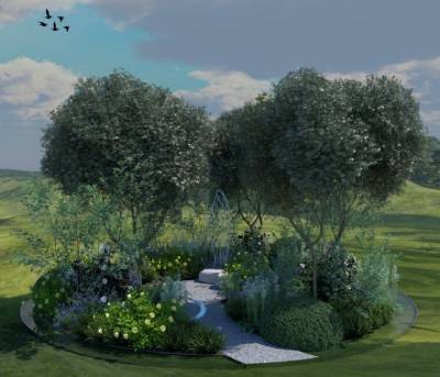 Macmillan's legacy garden with trees, plants and water.