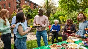 People chatting outside in a community space