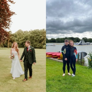 A collage with two photos of Heather with her husband. On the left is a photo from their wedding day. On the right is a photo of Heather and her husband in swimming gear by a lake.