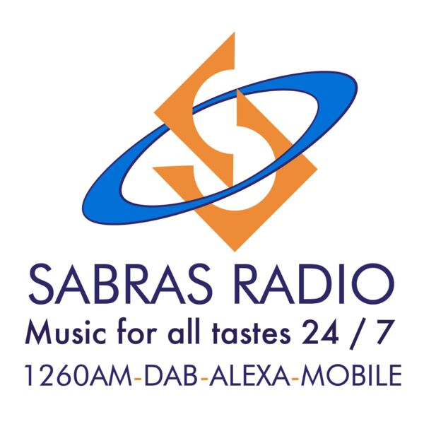 Abstract logo for Sabras Radio. Music for all tastes 24/7 1260AM-DAB-ALEXA-MOBILE