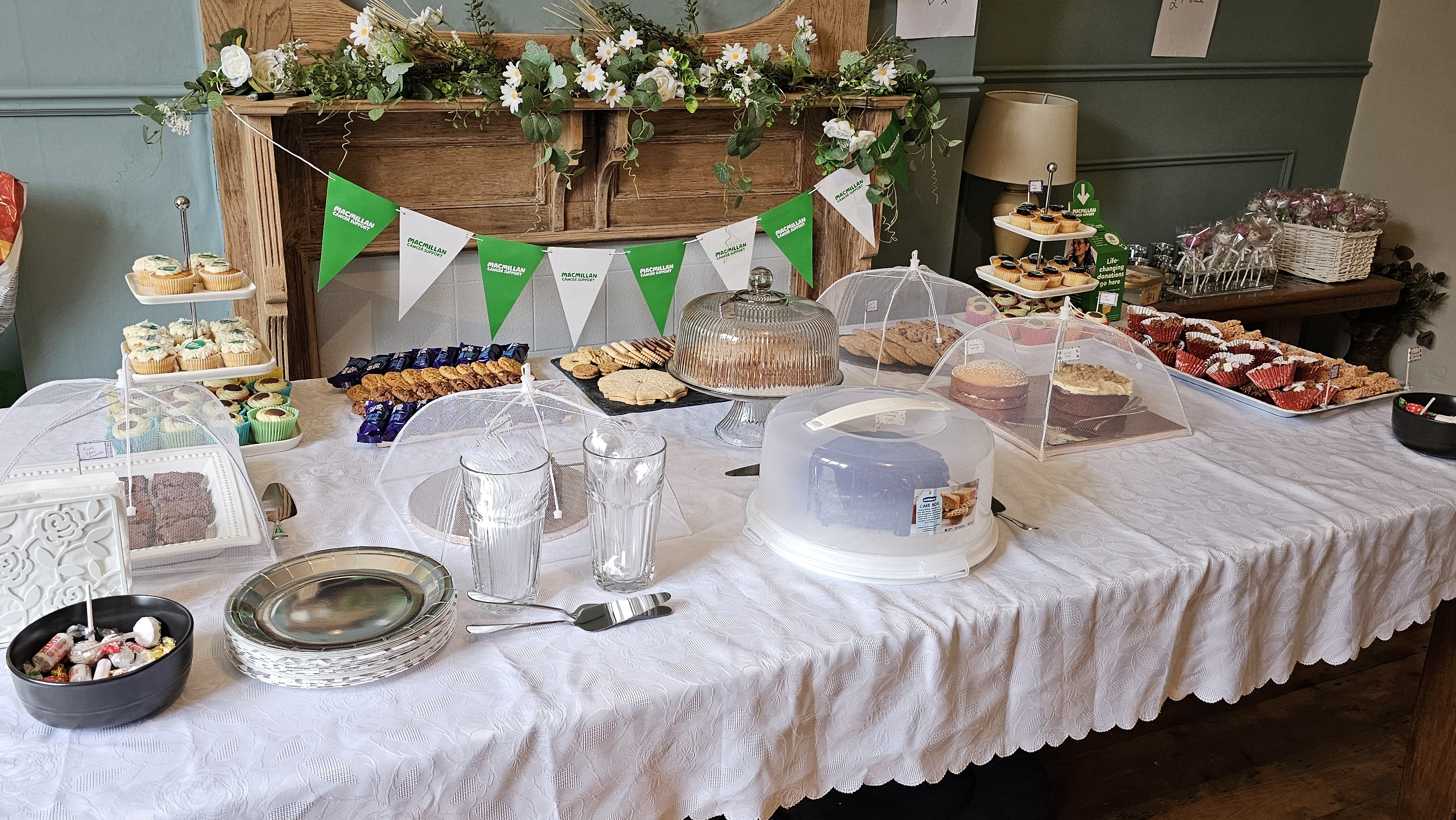 A table decorated for a Coffee Morning.