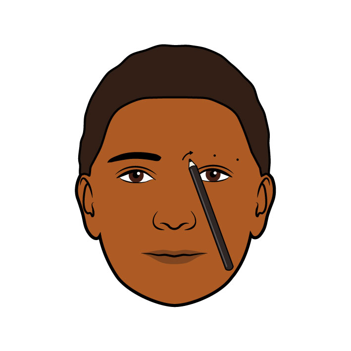 The illustration shows the first step of a 4-step eyebrow redrawing process.