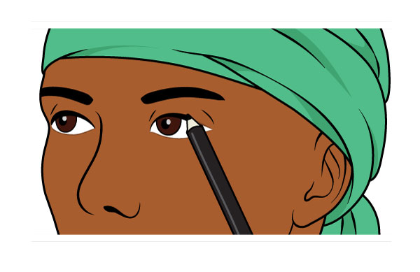 The illustration shows how to disguise thin or missing upper eyelashes using an eyeliner pencil.