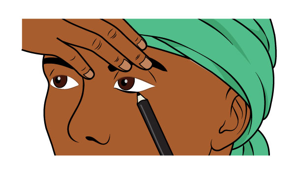 The illustration shows how to disguise thin or missing lower eyelashes using an eyeliner pencil.