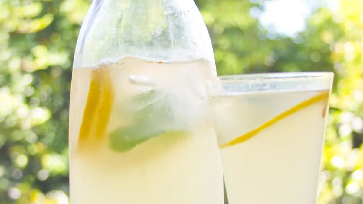 A pitcher and a glass full of ginger ale. They each have a slice of lemon in them. They are placed on a table outside.