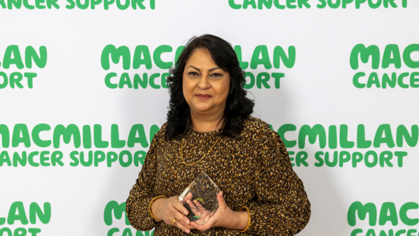 Sbba Siddique winner of the 2025 Macmillan Thanks to You Award - Lived Experience holding her award.