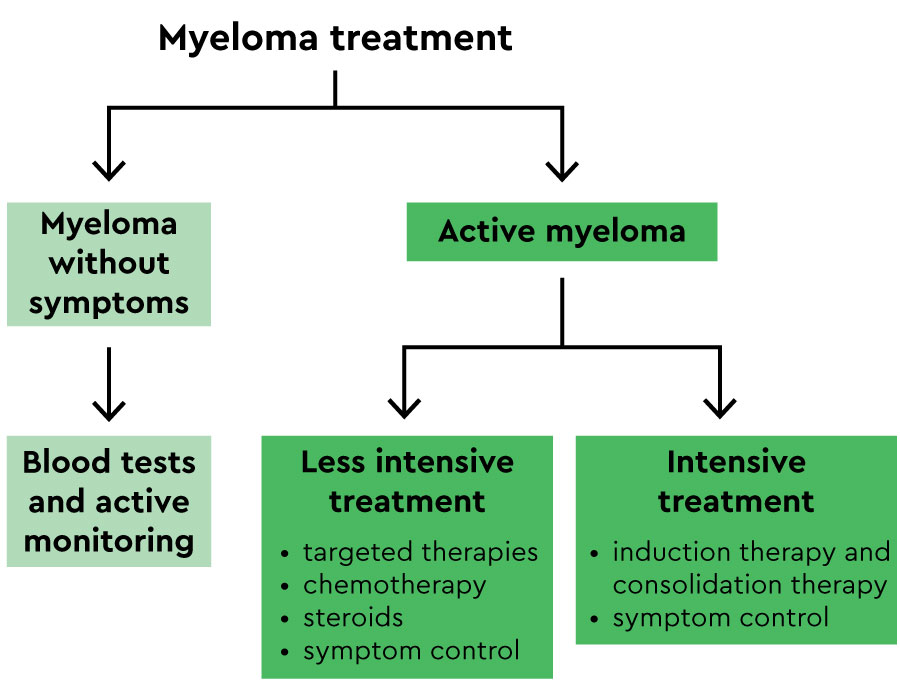 Flowchart showing active monitoring for myeloma without symptoms, and less intensive and intensive treatment options for active myeloma.