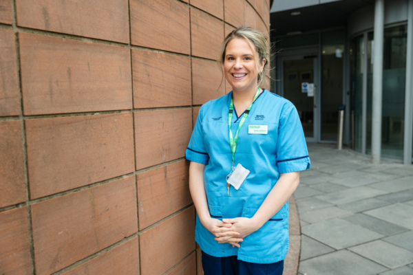 Carly Rolston, Advanced Practitioner Occupational Therapist - Cancer Older Peoples Service (COPS),  outside Beatson West of Scotland Cancer Centre