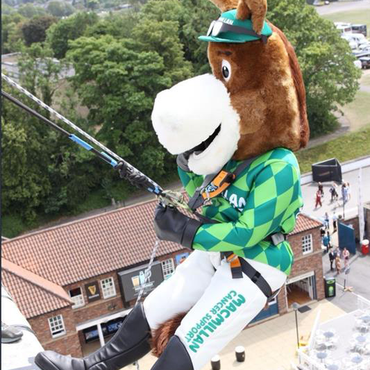 A person in a costume horse suit is abseiling down a building. They are dressed in green Macmillan attire. 