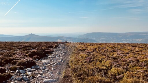 A rocky path through a grassy field at Bannau Brycheiniog National Park in Wales.