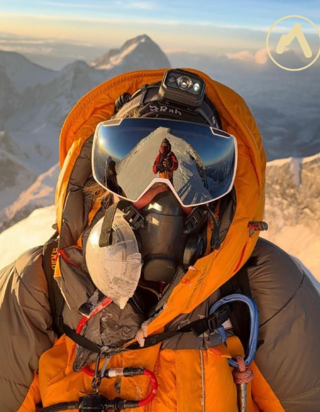 Shaunna in mountain climbing gear on Mount Everest