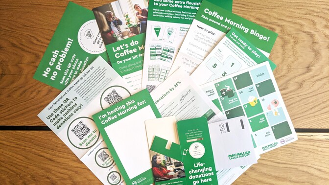 An image of the Coffee Morning lite fundraising kit. It shows all the different items you'll get in this kit such as QR code stickers, a small donation box, fundraising game and more.