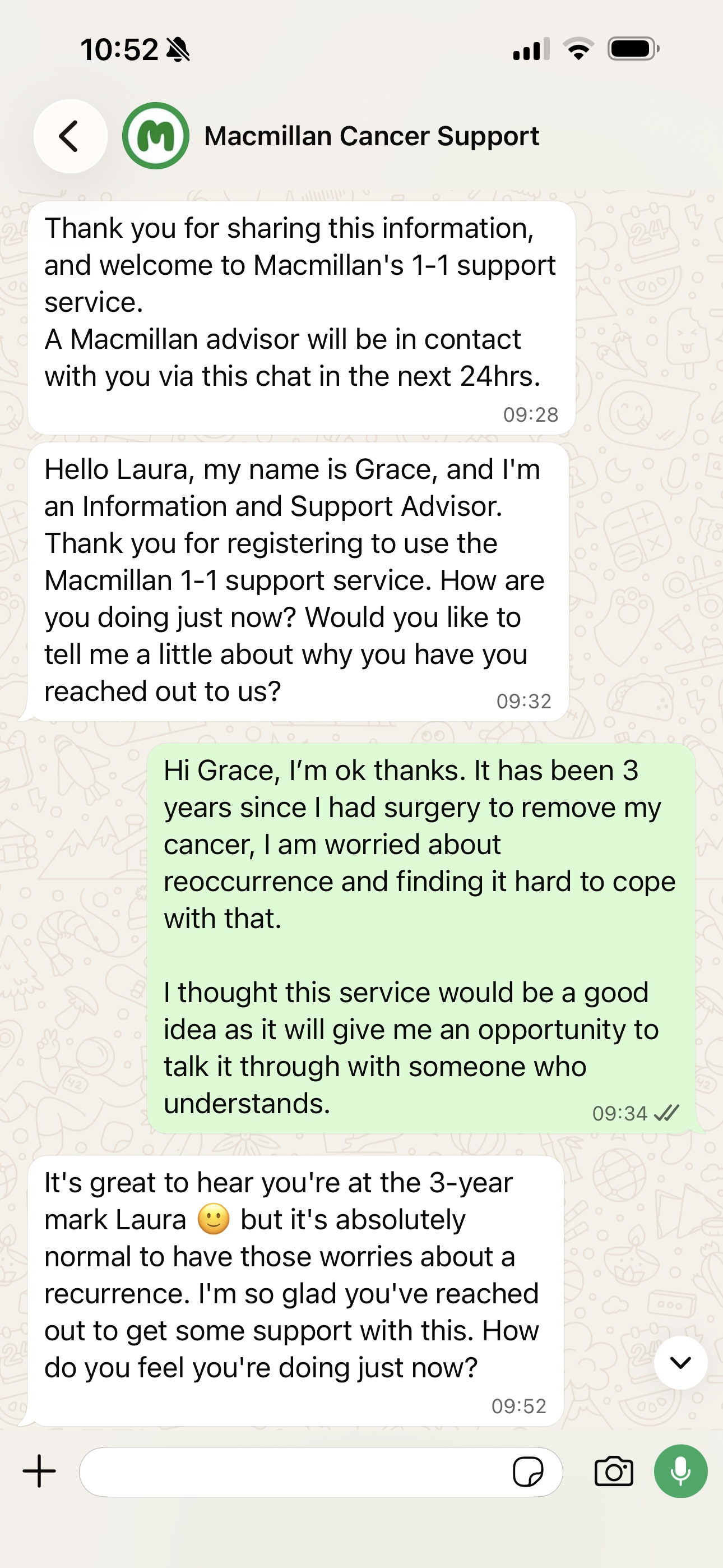 Screenshot of a conversation from the Macmillan whatsapp support service. 