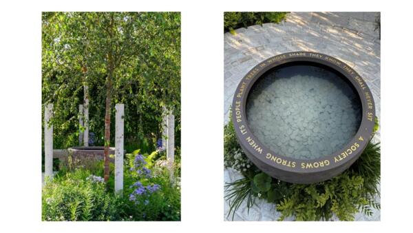 Collage on the left is a detailed photo of birch trees, foliage and structure in a shaded garden. On the right is a round pool of water with clay discs at the bottom like a wishing well. Around the pool it says 