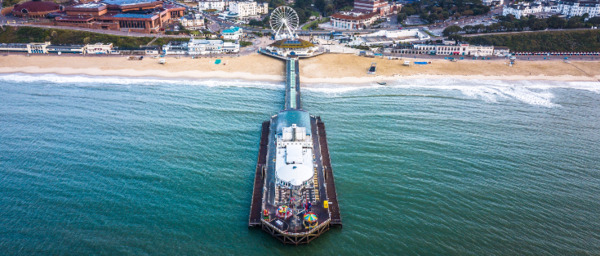 Aerial image of Bournemouth pier and seafront.
