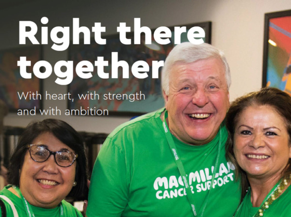 Three people in green t-shirts smiling. The words 'Right there together with heart, with strength and with ambition' are shown.