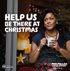 Image of a woman standing holding a cup. The headline reads 'help us be there at Christmas'